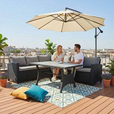 Birchtree Patio Rattan Furniture Set 5 Seater L-Shaped Corner Sofa Dining Table Set Black from B&Q