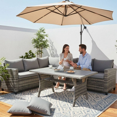 Birchtree Patio Rattan Furniture Set 5 Seater L-Shaped Corner Sofa Dining Table Set Grey from B&Q