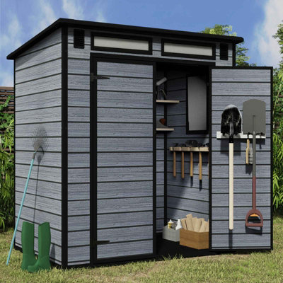 Birchtree 6X4Ft Plastic Garden Shed Apex With Floor Window Lockable Door Wood Grain Grey from B&Q