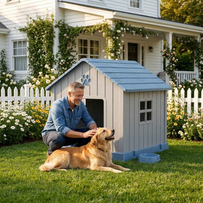 Pawhaven Large Outdoor Indoor Plastic Dog House Pet Kennel With Base Easy Assembly Blue