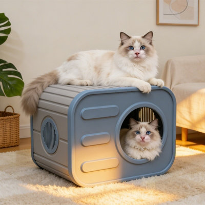 B&Q -  Indoor & Outdoor Cat House Easy Assembly Pet House Shelter Blue & Grey