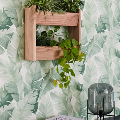 Galerie The New Design Book White/green Palm Leaf Wallpaper Roll from B&Q