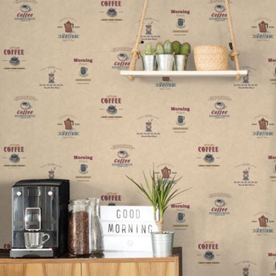 B&Q -  Kitchen Recipes Beige Java Smooth Wallpaper