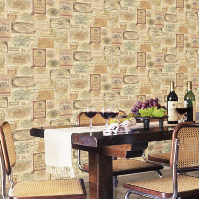 B&Q -  Kitchen Recipes Multi-Coloured Vino Smooth Wallpaper