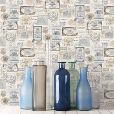B&Q -  Kitchen Recipes Blue Vino Smooth Wallpaper