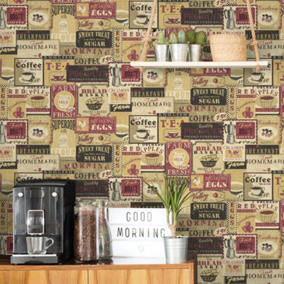 B&Q -  Kitchen Recipes Red Enamel Signs Smooth Wallpaper
