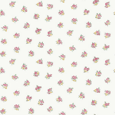 B&Q -  Country Cottage Red Green Yellow Floral Motif Smooth Wallpaper