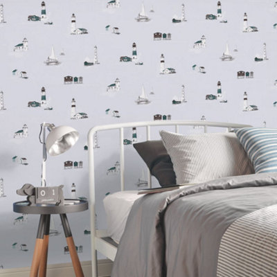 Galerie Deauville 2 Green Grey White Beach Huts Smooth Wallpaper from B&Q