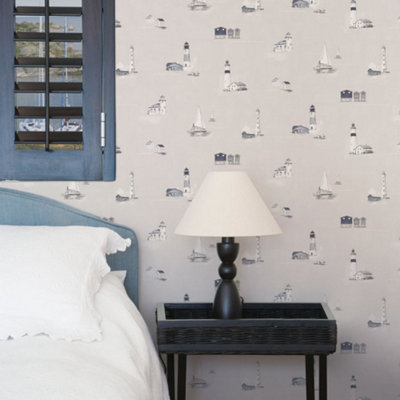 Galerie Deauville 2 Navy Blue Sky Blue Beige Beach Huts Smooth Wallpaper from B&Q