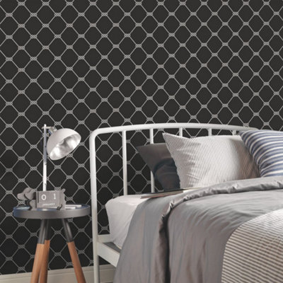Galerie Deauville 2 Black White Nautical Rope Smooth Wallpaper from B&Q