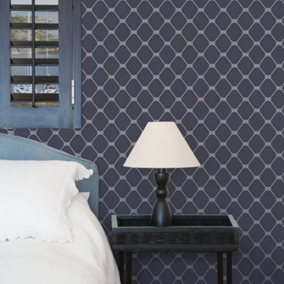 Galerie Deauville 2 Navy Blue White Nautical Rope Smooth Wallpaper from B&Q