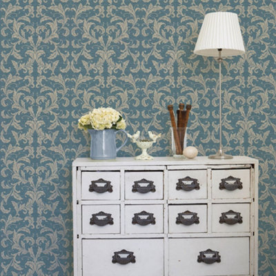 Galerie Nordic Elements Blue Embossed Linear Damask Wallpaper Roll from B&Q