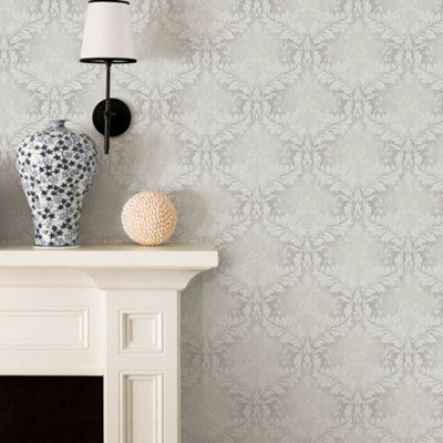 Galerie Nordic Elements Silver Embossed Floral Damask Trellis Wallpaper Roll from B&Q