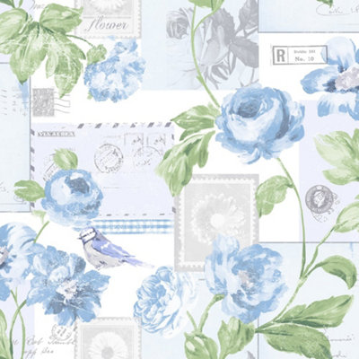 Galerie Country Cottage Blue Flowers Postcard Smooth Wallpaper from B&Q