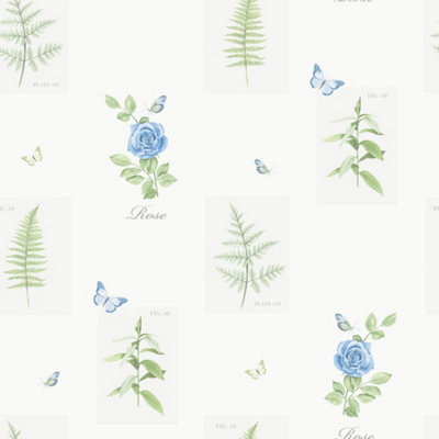 Galerie Country Cottage Blue Green Rose Botanical Motif Smooth Wallpaper from B&Q