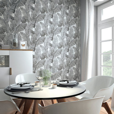 Galerie The New Design Book Black/silver Palm Leaf Wallpaper Roll from B&Q