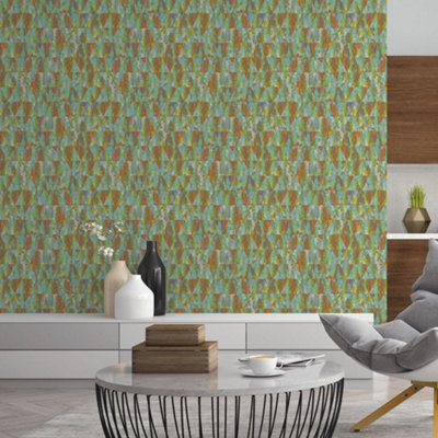 Galerie Grunge Green Blue Orange Triangular Smooth Wallpaper from B&Q