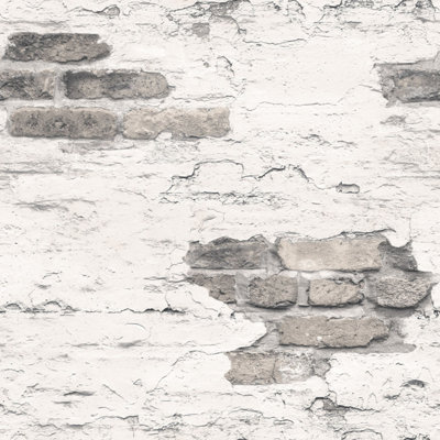 Galerie Grunge White Grey Exposed Brick Smooth Wallpaper from B&Q