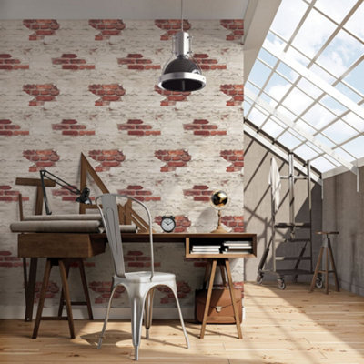 Galerie Grunge White Red Exposed Brick Smooth Wallpaper from B&Q
