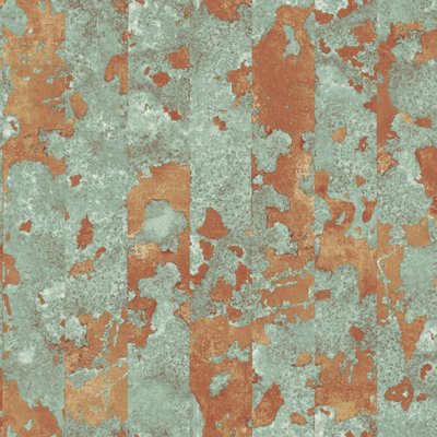 Galerie Grunge Green Copper Orange Industrial Stripe Smooth Wallpaper from B&Q