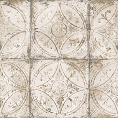 Galerie Grunge Beige Ornate Tile Smooth Wallpaper from B&Q