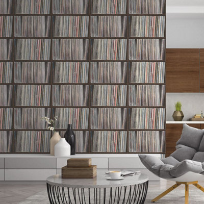 B&Q -  Grunge Black Multi-Coloured Lp Shelf Smooth Wallpaper
