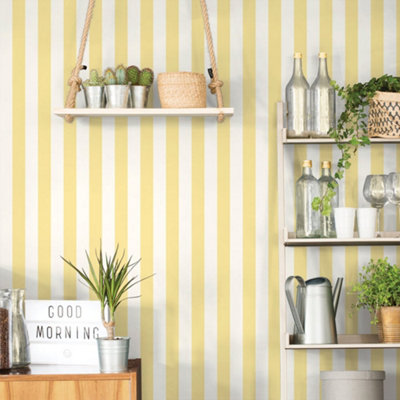 Galerie Just Kitchens Yellow Awning Stripe Wallpaper Roll from B&Q
