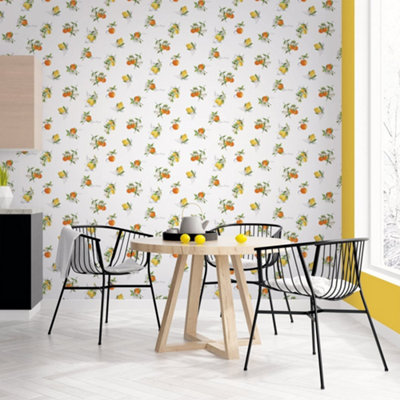Galerie Just Kitchens White Citrus Toss Leaf Wallpaper Roll from B&Q