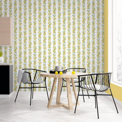 Galerie Just Kitchens Whie Lemon Stripe Wallpaper Roll from B&Q