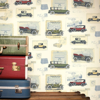 Galerie Nostalgie Cream Cars Smooth Wallpaper from B&Q