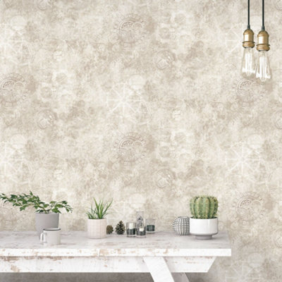 Galerie Nostalgie Beige Gears Smooth Wallpaper from B&Q