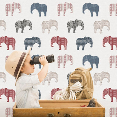 Galerie Just 4 Kids 2 Red Blue White Elephant Motif Smooth Wallpaper from B&Q