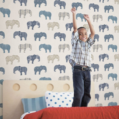 Galerie Just 4 Kids 2 Blue Beige Elephant Motif Smooth Wallpaper from B&Q