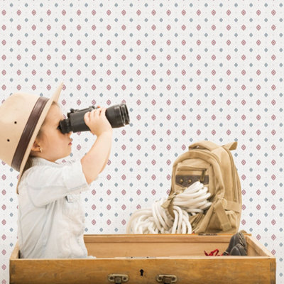 B&Q -  Just 4 Kids 2 Red Blue White Diamond Motif Smooth Wallpaper