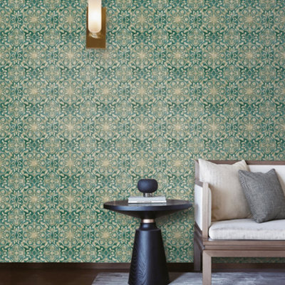 Galerie Elegance Green Floral Stripe Wallpaper Dwp0353-05 from B&Q