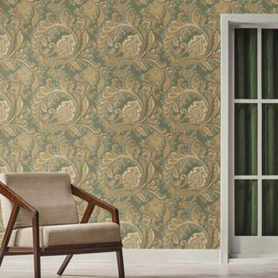 Galerie Elegance Green Paisley Wallpaper Dwp0355-01 from B&Q