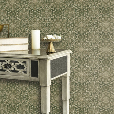 Galerie Elegance Green Floral Stripe Wallpaper Dwp0353-01 from B&Q