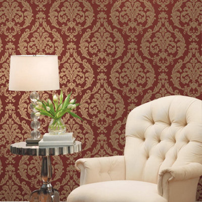 Galerie Palazzo Red Silk Damask Embossed Wallpaper from B&Q