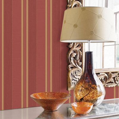 Galerie Palazzo Red Silk Stripe Embossed Wallpaper from B&Q