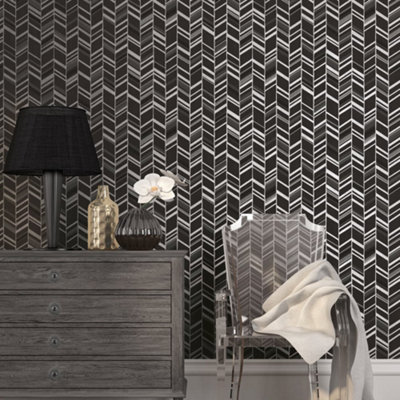 Galerie Special Fx Black Grey Silver Glitter Chevrons Embossed Wallpaper from B&Q