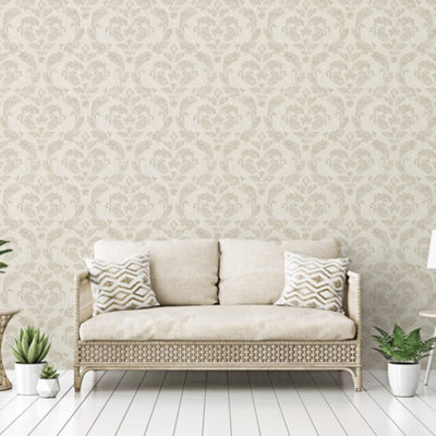 Galerie Utopia Beige Traditional Damask Sheen Finish Wallpaper Roll from B&Q