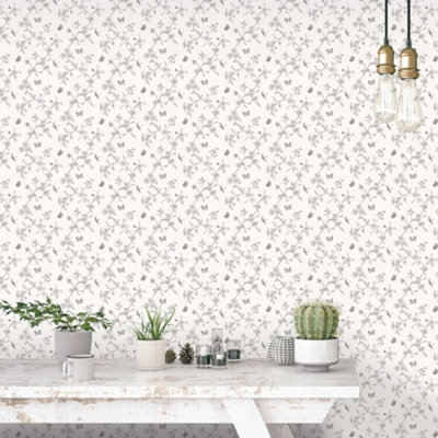 Galerie Miniatures 2 White Black Grey Small Floral Butterfly Dragonfly Smooth Wallpaper from B&Q