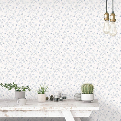 Galerie Miniatures 3 Blue White Small Floral Butterfly Dragonfly Smooth Wallpaper from B&Q