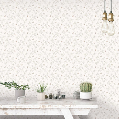 Galerie Miniatures 3 White Pink Grey Small Floral Butterfly Dragonfly Smooth Wallpaper from B&Q
