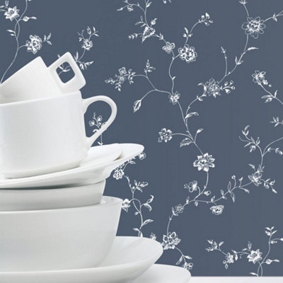 Galerie Miniatures 3 Blue White Floral Trail Smooth Wallpaper from B&Q