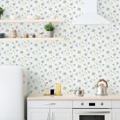 Galerie Miniatures 3 Blue Green White Small Floral Trail Smooth Wallpaper from B&Q