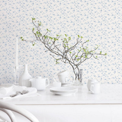 Galerie Miniatures 3 Blue White Small Rose Trail Smooth Wallpaper from B&Q