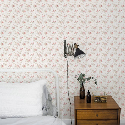 Galerie Miniatures 3 Pink White Cream Medium Rose Trail Smooth Wallpaper from B&Q