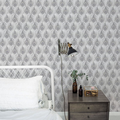 Galerie Organic Textures Grey Peacock Feather Textured Wallpaper from B&Q