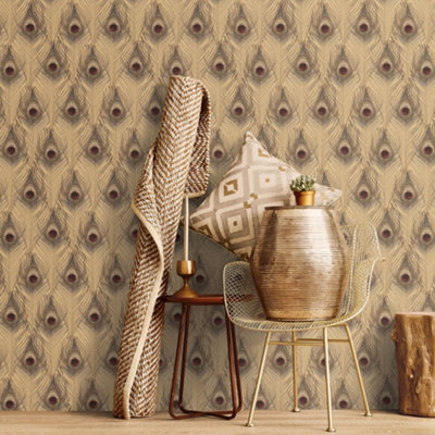 Galerie Organic Textures Gold Red Peacock Feather Textured Wallpaper from B&Q